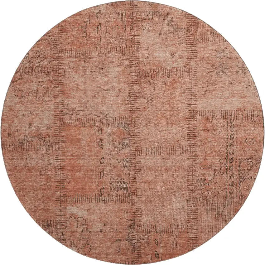 8' Salmon And Gray Patchwork Washable Round Rug With UV Protection Photo 1