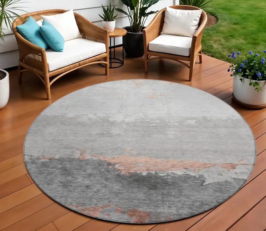8' Salmon And Gray Round Abstract Washable Indoor Outdoor Area Rug Photo 2