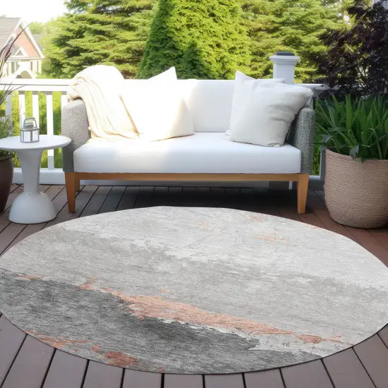 8' Salmon And Gray Round Abstract Washable Indoor Outdoor Area Rug Photo 5