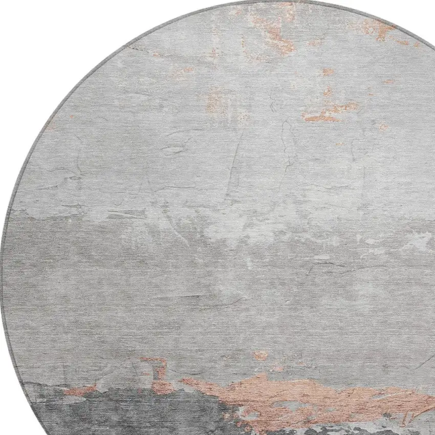 8' Salmon And Gray Round Abstract Washable Indoor Outdoor Area Rug Photo 8