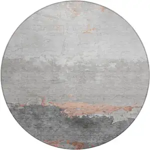 Photo of 8' Salmon And Gray Round Abstract Washable Indoor Outdoor Area Rug
