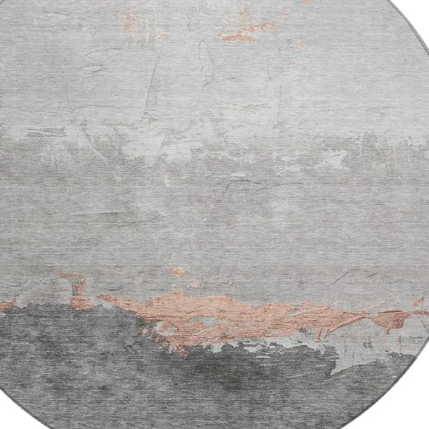8' Salmon And Gray Round Abstract Washable Indoor Outdoor Area Rug Photo 4
