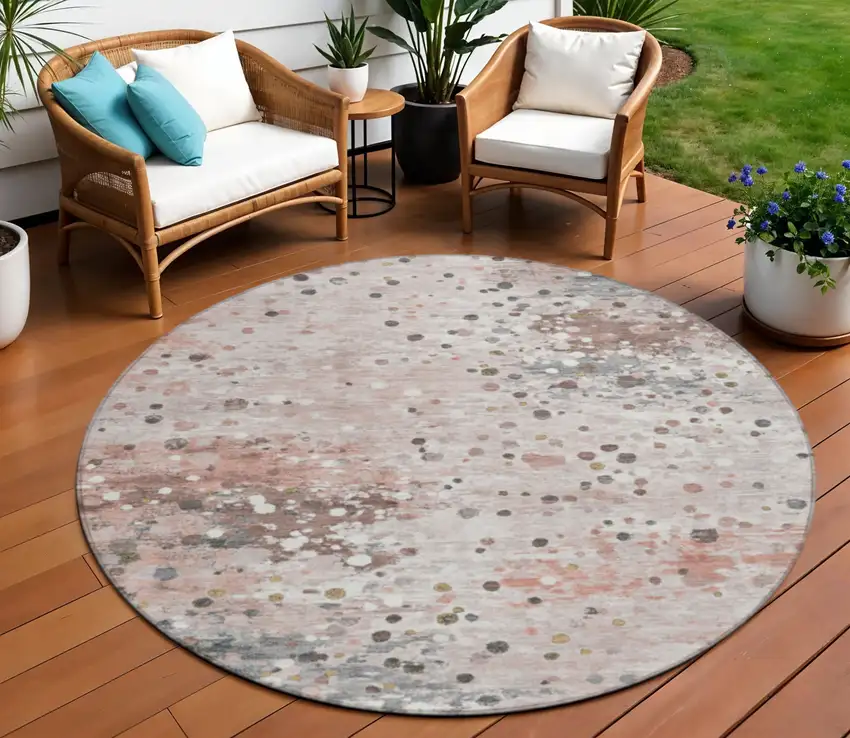 8' Salmon And Gray Round Abstract Washable Indoor Outdoor Area Rug Photo 2