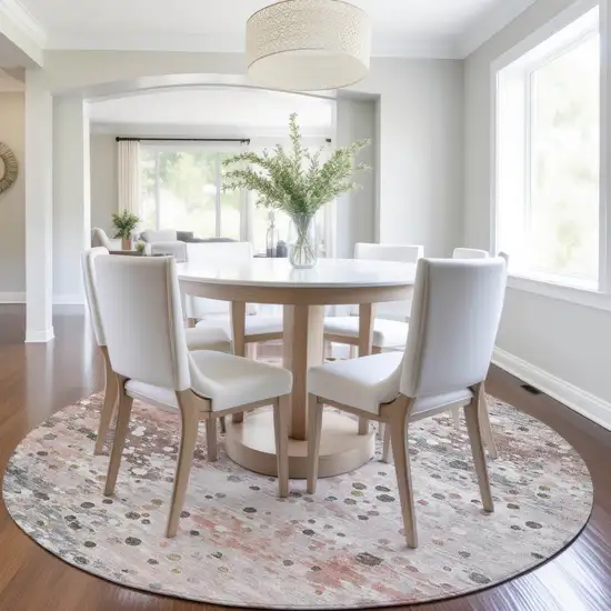 8' Salmon And Gray Round Abstract Washable Indoor Outdoor Area Rug Photo 6