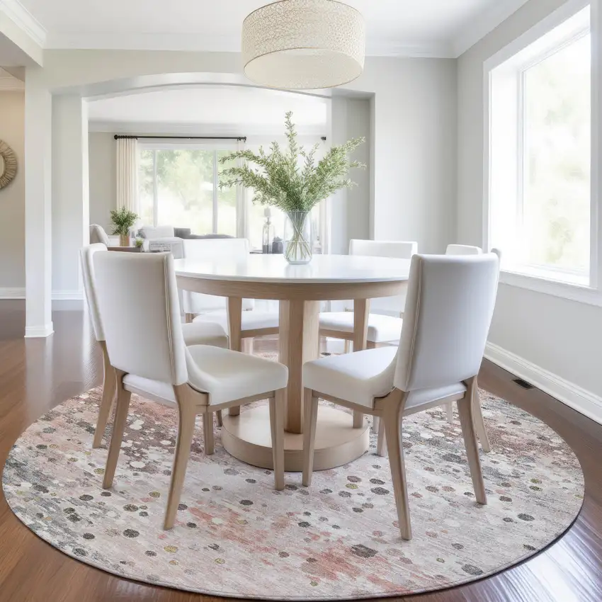 8' Salmon And Gray Round Abstract Washable Indoor Outdoor Area Rug Photo 6