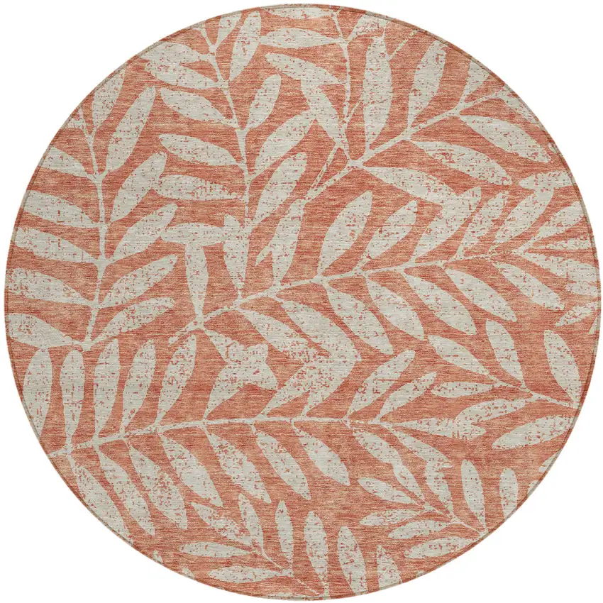 8' Salmon And Gray Round Floral Washable Indoor Outdoor Area Rug Photo 2