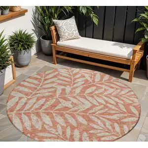 Photo of 8' Salmon And Gray Round Floral Washable Indoor Outdoor Area Rug