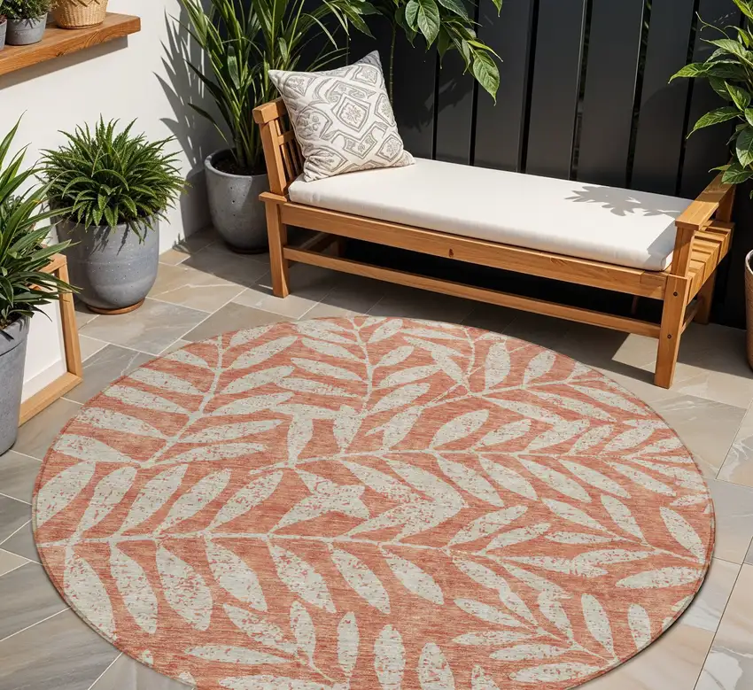 8' Salmon And Gray Round Floral Washable Indoor Outdoor Area Rug Photo 1