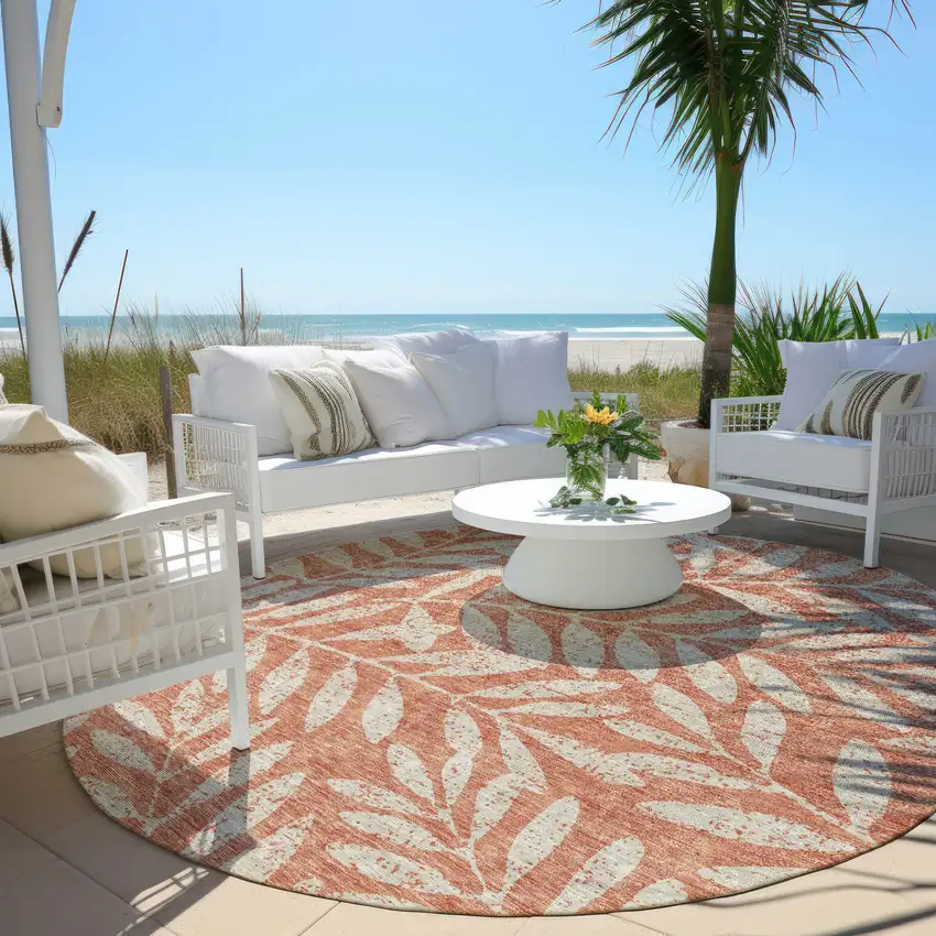 8' Salmon And Gray Round Floral Washable Indoor Outdoor Area Rug Photo 6