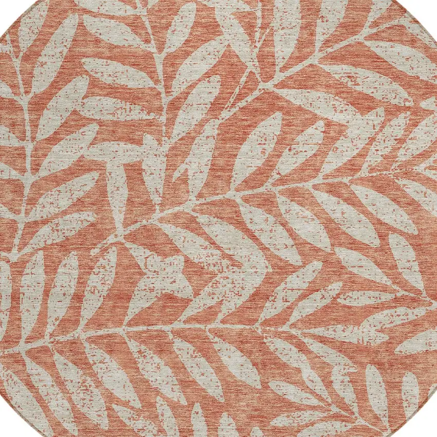 8' Salmon And Gray Round Floral Washable Indoor Outdoor Area Rug Photo 4