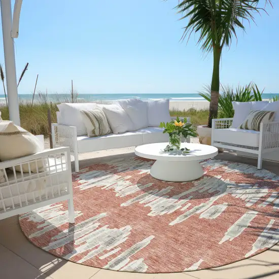 8' Salmon And Gray Round Striped Washable Indoor Outdoor Area Rug Photo 7