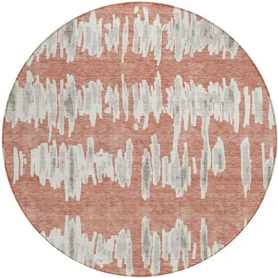 8' Salmon And Gray Round Striped Washable Indoor Outdoor Area Rug Photo 2