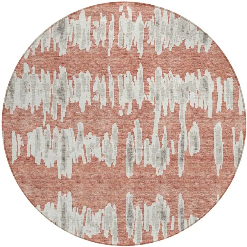 8' Salmon And Gray Round Striped Washable Indoor Outdoor Area Rug Photo 2