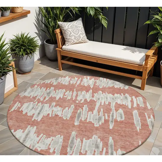 8' Salmon And Gray Round Striped Washable Indoor Outdoor Area Rug Photo 1
