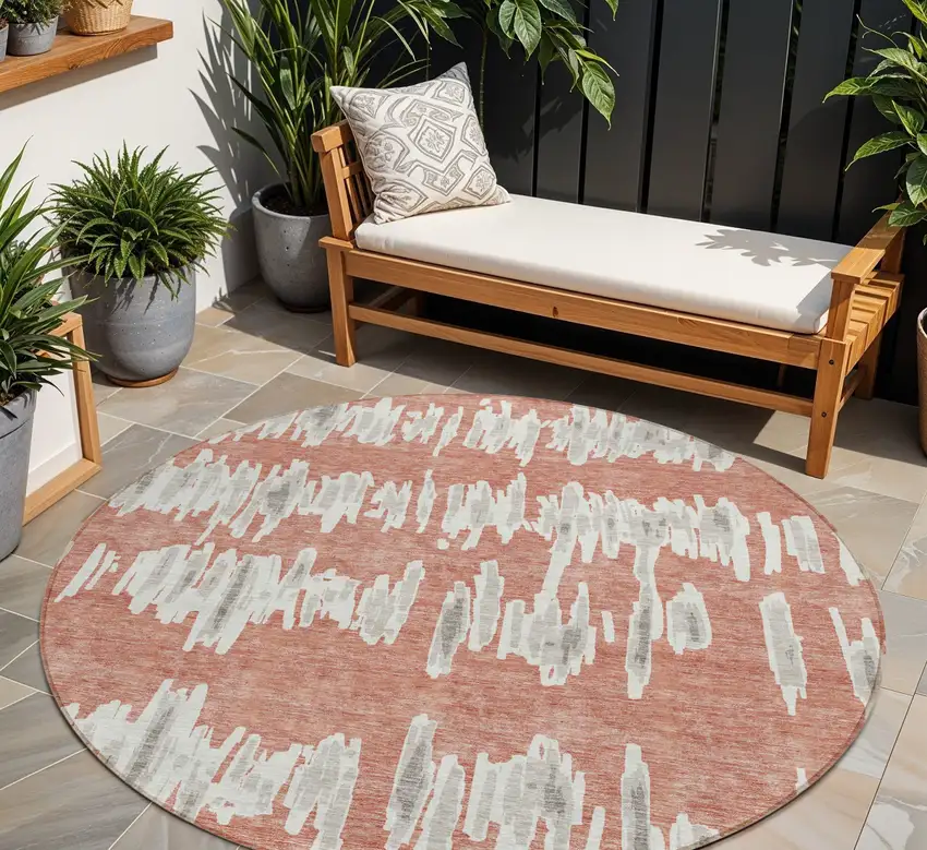 8' Salmon And Gray Round Striped Washable Indoor Outdoor Area Rug Photo 1