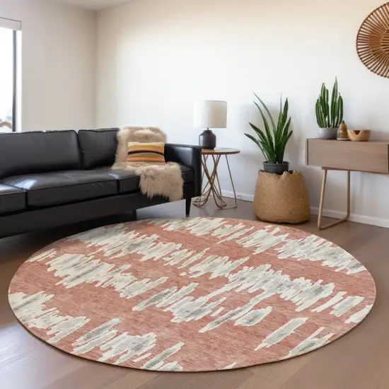 8' Salmon And Gray Round Striped Washable Indoor Outdoor Area Rug Photo 8