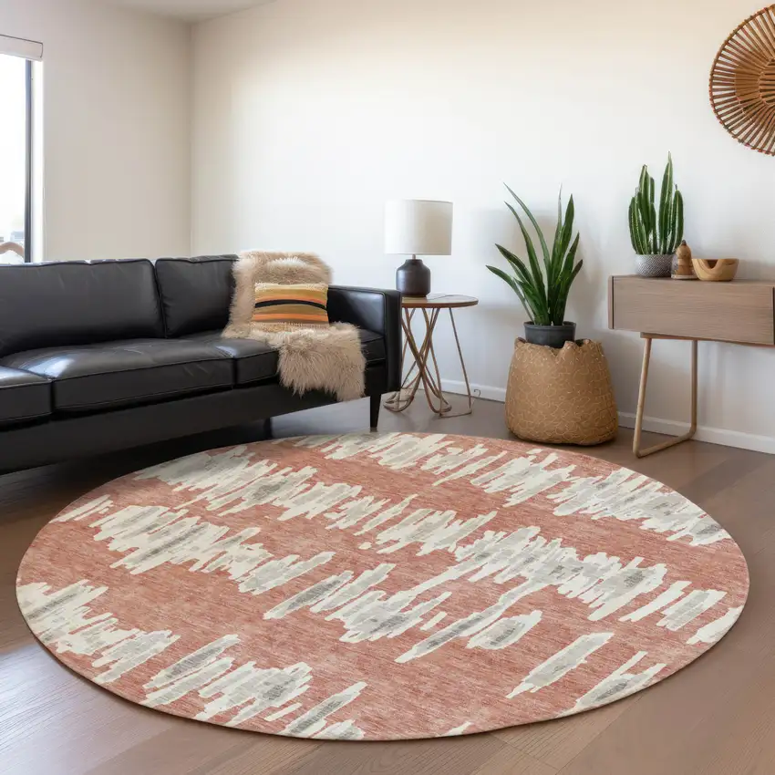 8' Salmon And Gray Round Striped Washable Indoor Outdoor Area Rug Photo 8