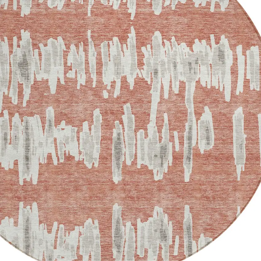 8' Salmon And Gray Round Striped Washable Indoor Outdoor Area Rug Photo 5