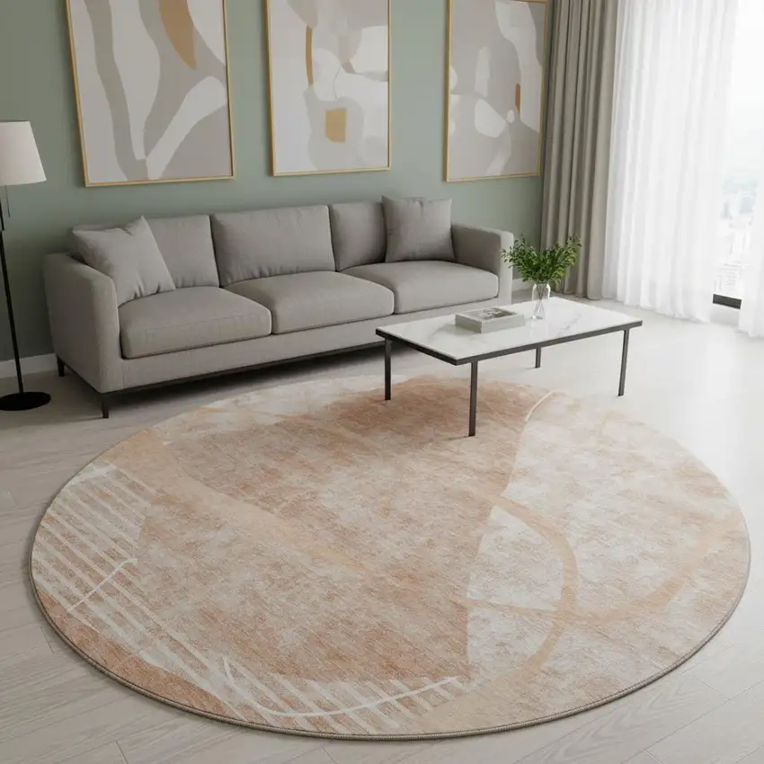 8' Salmon And Ivory Abstract Geometric Washable Round Rug With UV Protection Photo 2