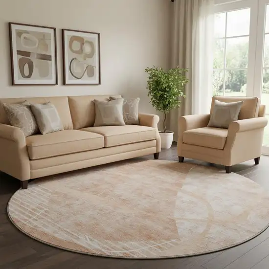 8' Salmon And Ivory Abstract Geometric Washable Round Rug With UV Protection Photo 1