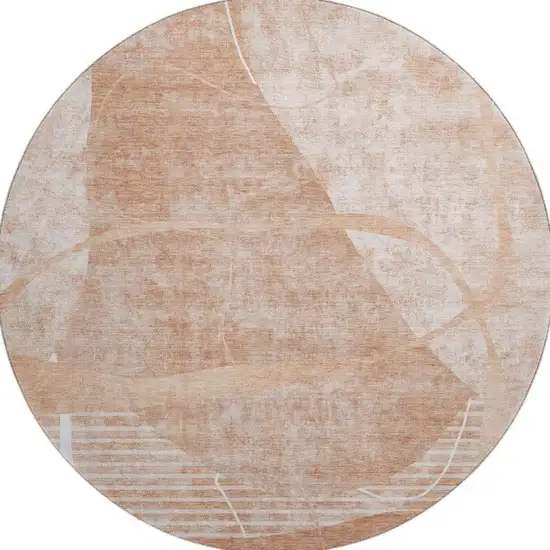 8' Salmon And Ivory Abstract Geometric Washable Round Rug With UV Protection Photo 3