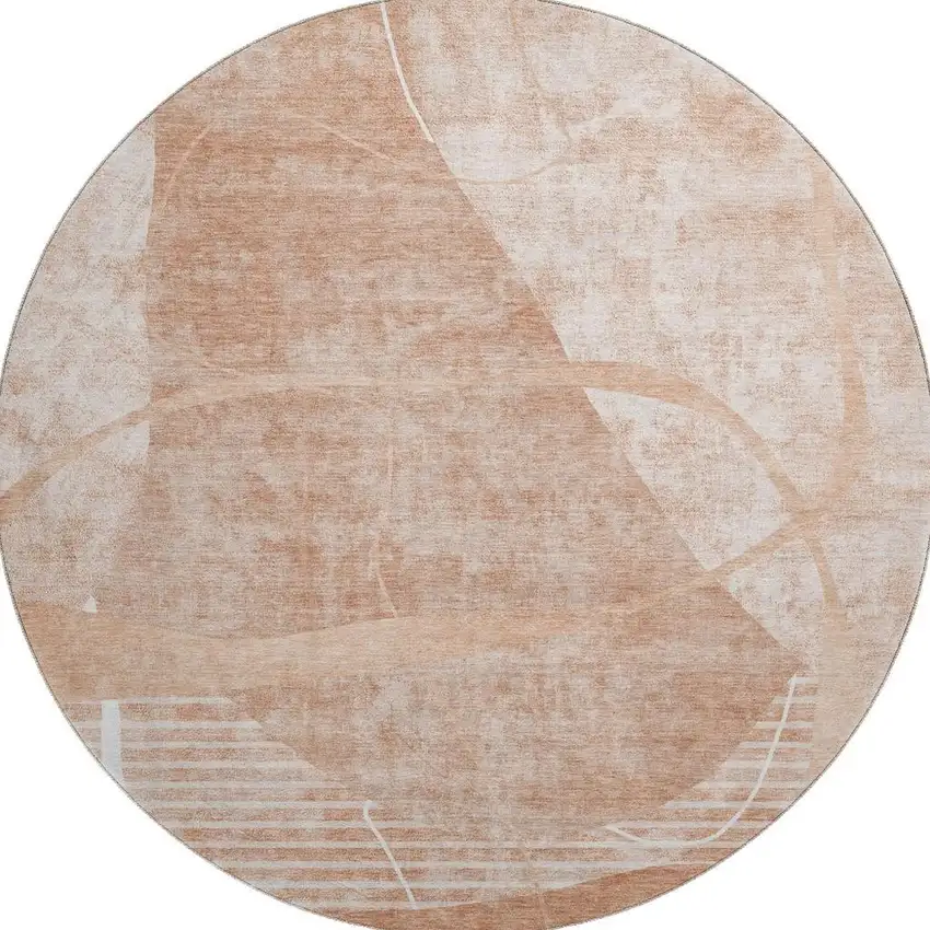 8' Salmon And Ivory Abstract Geometric Washable Round Rug With UV Protection Photo 3