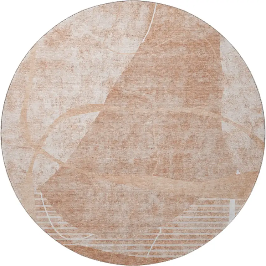 8' Salmon And Ivory Abstract Geometric Washable Round Rug With UV Protection Photo 4