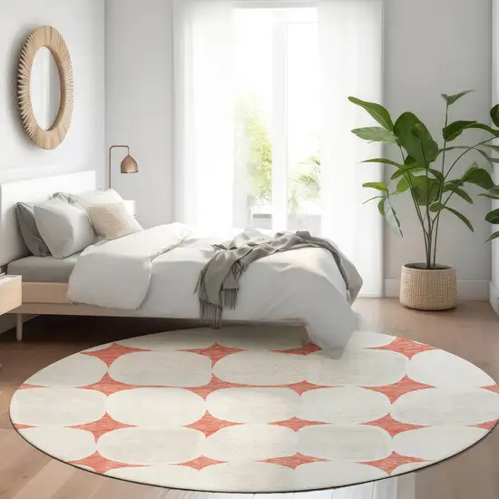 8' Salmon And Ivory Abstract Geometric Washable Round Rug With UV Protection Photo 4