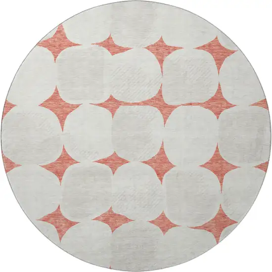 8' Salmon And Ivory Abstract Geometric Washable Round Rug With UV Protection Photo 3