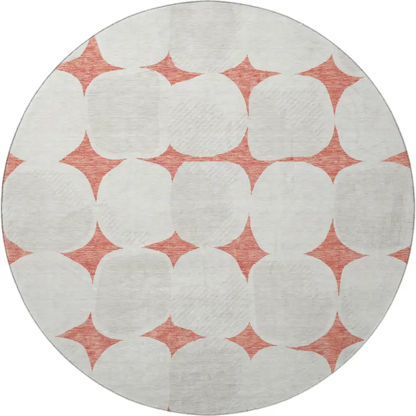 8' Salmon And Ivory Abstract Geometric Washable Round Rug With UV Protection Photo 3