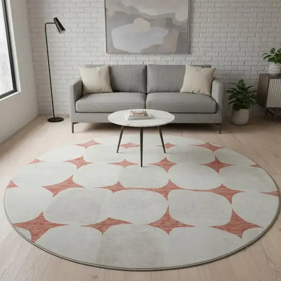 8' Salmon And Ivory Abstract Geometric Washable Round Rug With UV Protection Photo 2
