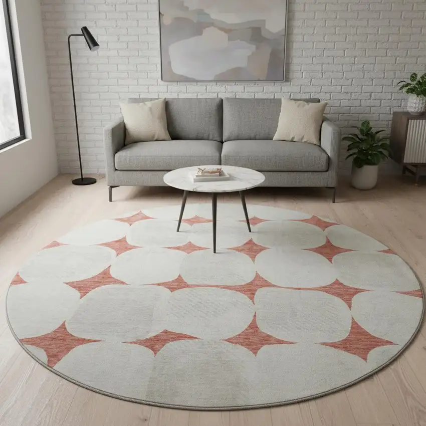 8' Salmon And Ivory Abstract Geometric Washable Round Rug With UV Protection Photo 2