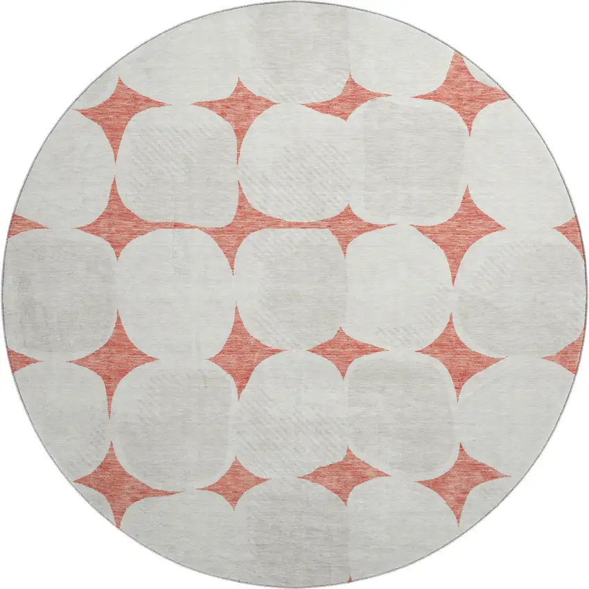 8' Salmon And Ivory Abstract Geometric Washable Round Rug With UV Protection Photo 1