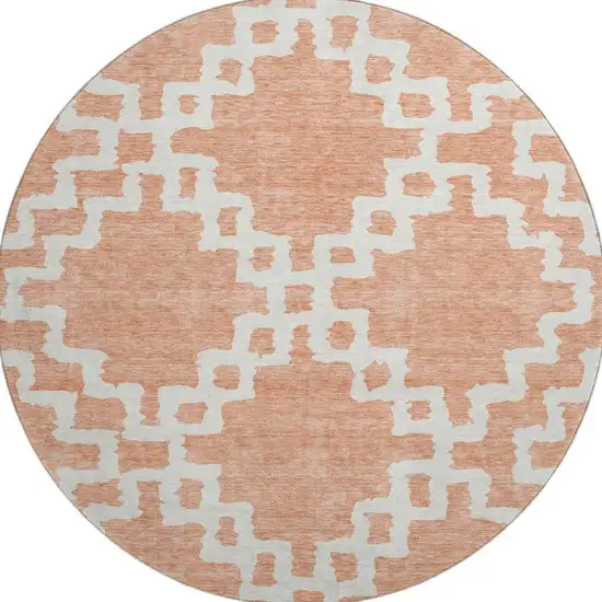 8' Salmon And Ivory Abstract Geometric Washable Round Rug With UV Protection Photo 4