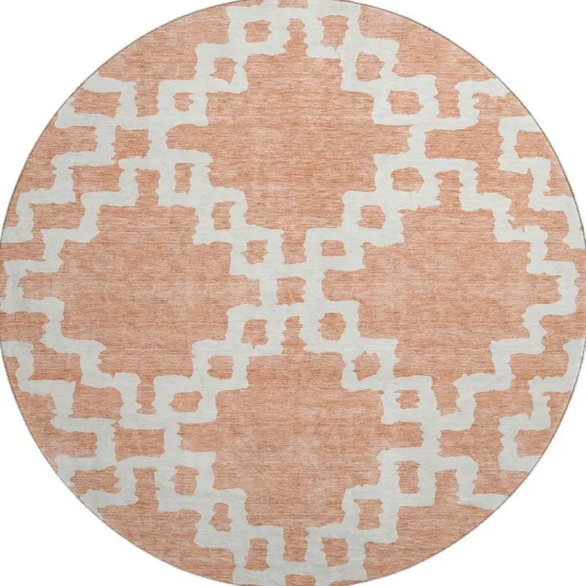 8' Salmon And Ivory Abstract Geometric Washable Round Rug With UV Protection Photo 4
