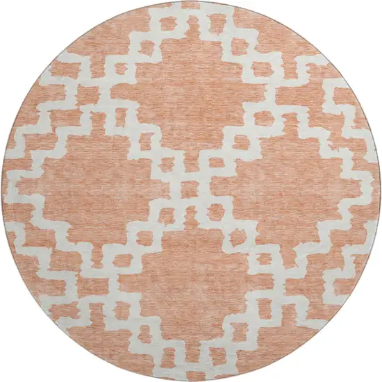 8' Salmon And Ivory Abstract Geometric Washable Round Rug With UV Protection Photo 1