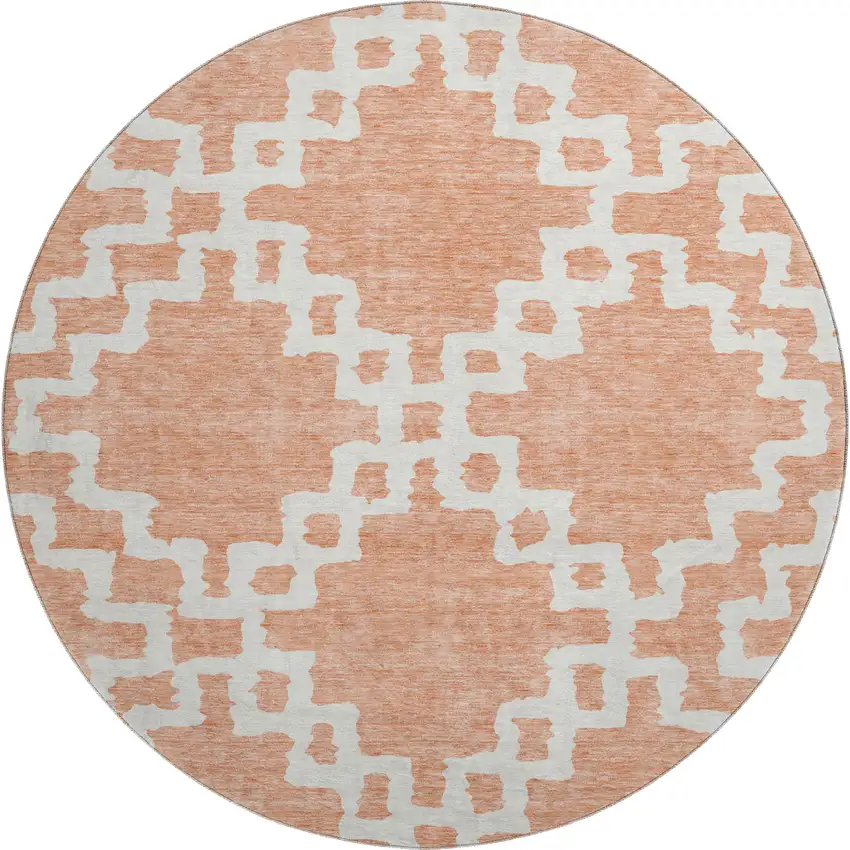 8' Salmon And Ivory Abstract Geometric Washable Round Rug With UV Protection Photo 1