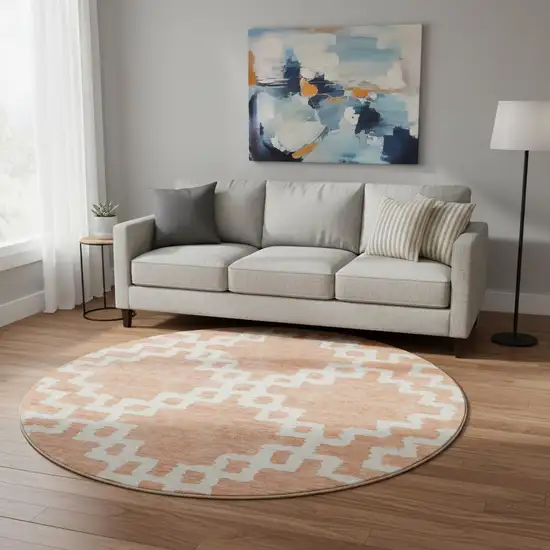 8' Salmon And Ivory Abstract Geometric Washable Round Rug With UV Protection Photo 2