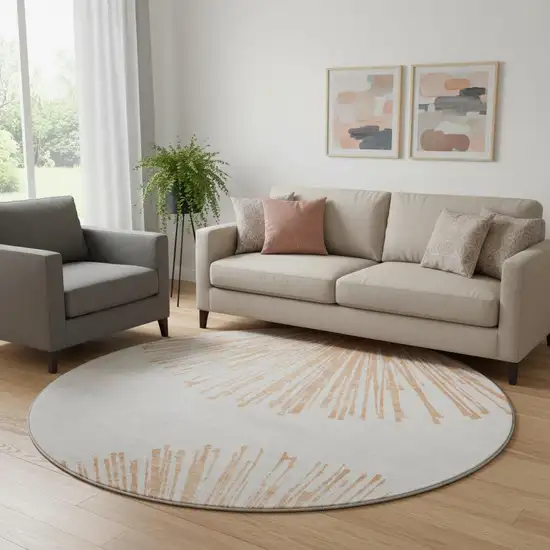 8' Salmon And Ivory Abstract Washable Round Rug With UV Protection Photo 1