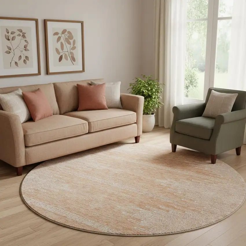 8' Salmon And Ivory Abstract Washable Round Rug With UV Protection Photo 1