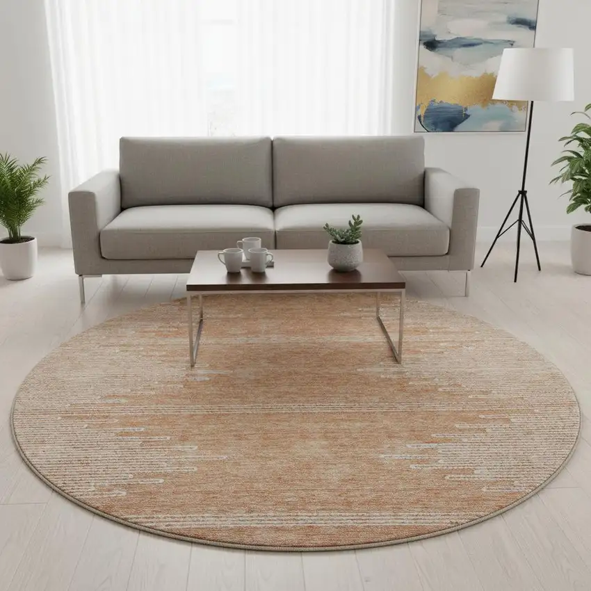 8' Salmon And Ivory Abstract Washable Round Rug With UV Protection Photo 2