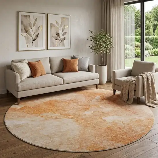 8' Salmon And Ivory Abstract Washable Round Rug With UV Protection Photo 1