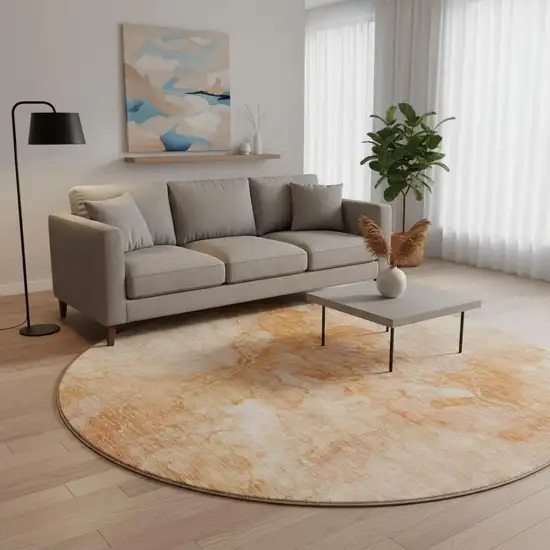 8' Salmon And Ivory Abstract Washable Round Rug With UV Protection Photo 3