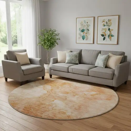 8' Salmon And Ivory Abstract Washable Round Rug With UV Protection Photo 1