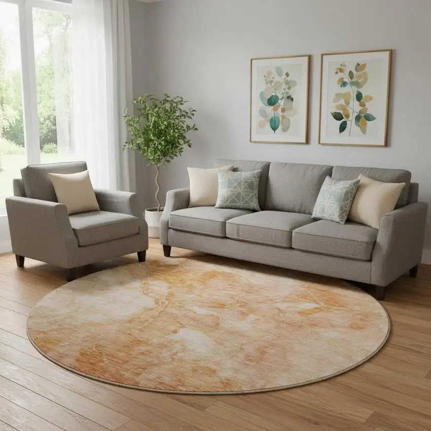 8' Salmon And Ivory Abstract Washable Round Rug With UV Protection Photo 1