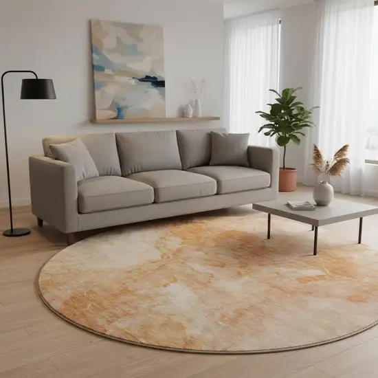 8' Salmon And Ivory Abstract Washable Round Rug With UV Protection Photo 2
