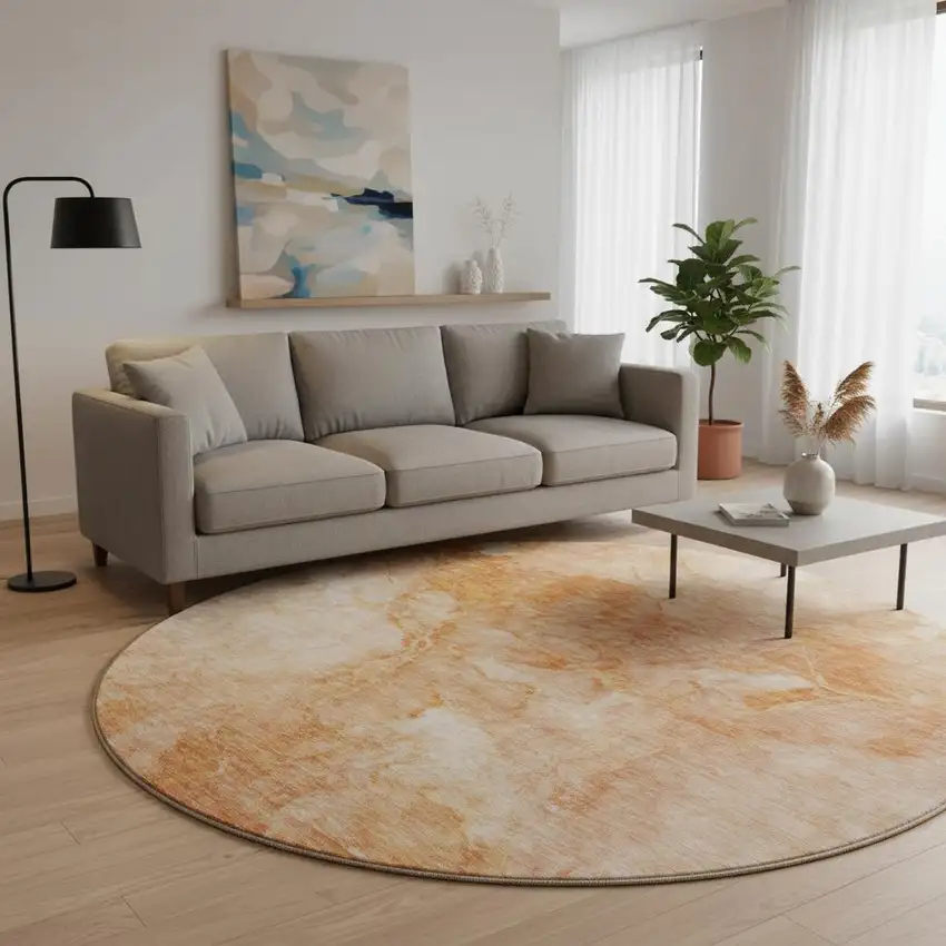 8' Salmon And Ivory Abstract Washable Round Rug With UV Protection Photo 2