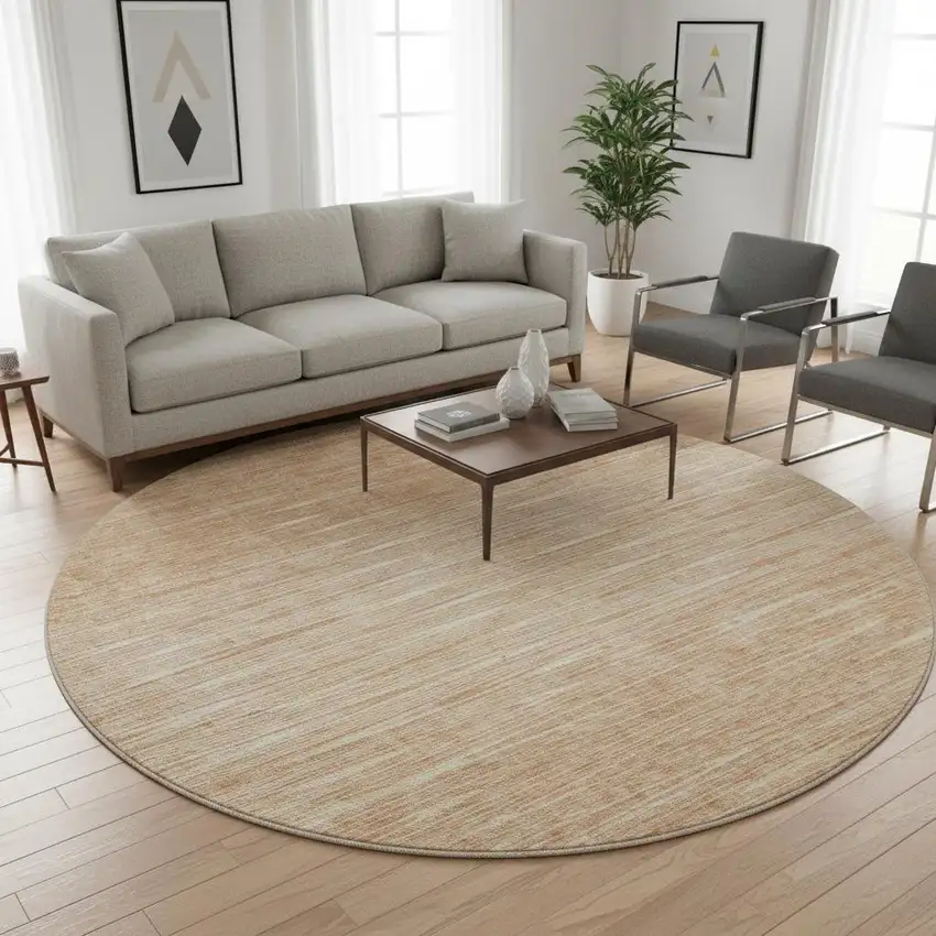 8' Salmon And Ivory Abstract Washable Round Rug With UV Protection Photo 2