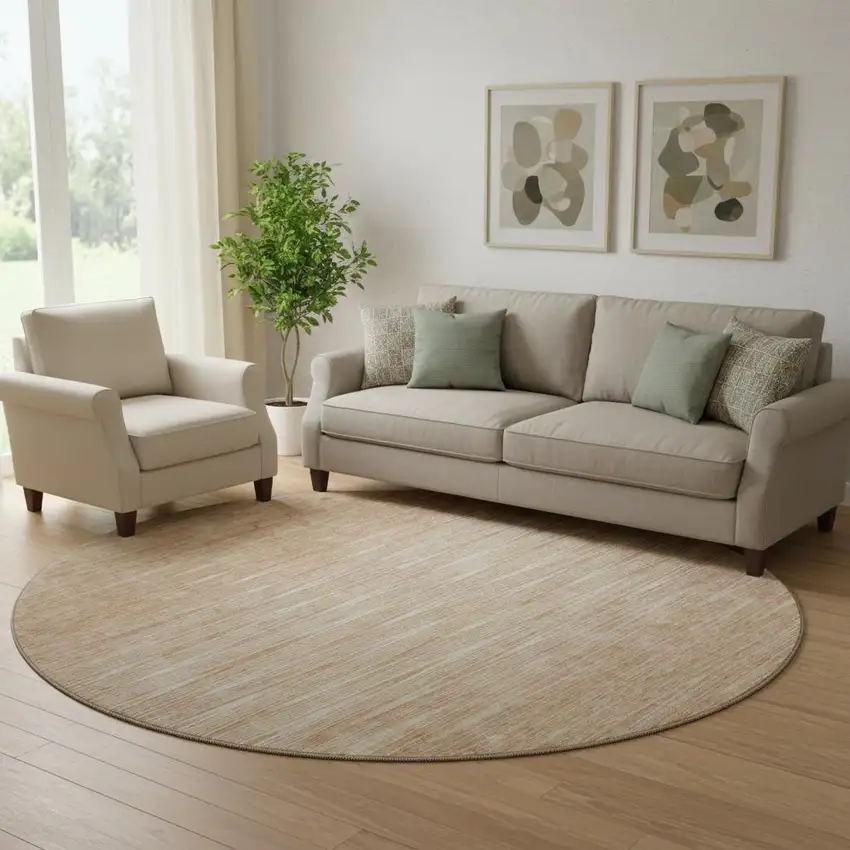 8' Salmon And Ivory Abstract Washable Round Rug With UV Protection Photo 1