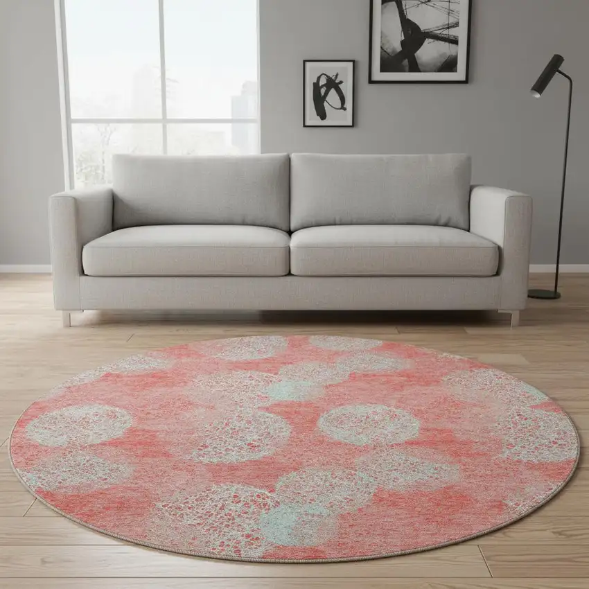 8' Salmon And Ivory Abstract Washable Round Rug With UV Protection Photo 2